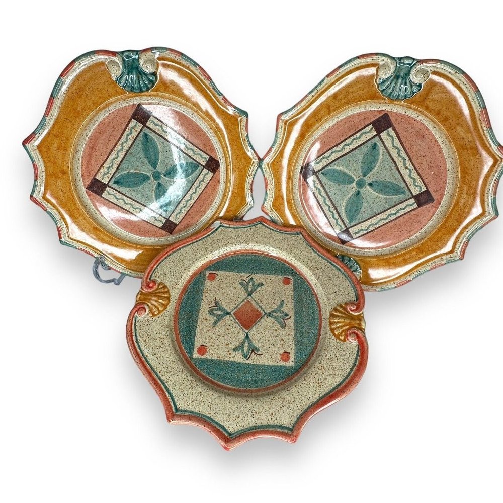 Set of 3 Rustic Hand made & Painted Italian Pottery • Tuscan Design 9” SEE PICS